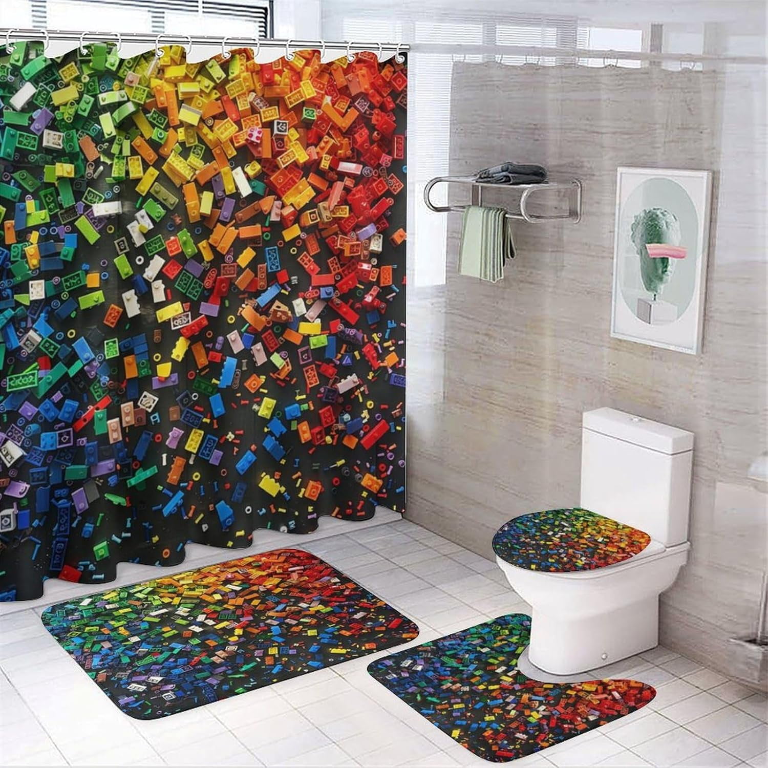 4Pcs Colorful Building Block Brick Shower Curtain Sets with Rugs, Toilet Lid Cover and Bath Mat, Geometric Bathroom Shower Curtains Set with 12 Hooks