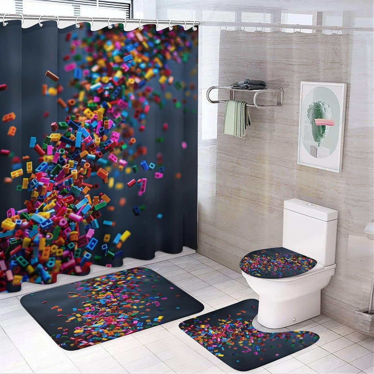 4Pcs Colorful Building Block Brick Shower Curtain Sets with Rugs, Toilet Lid Cover and Bath Mat, Geometric Bathroom Shower Curtains Set with 12 Hooks