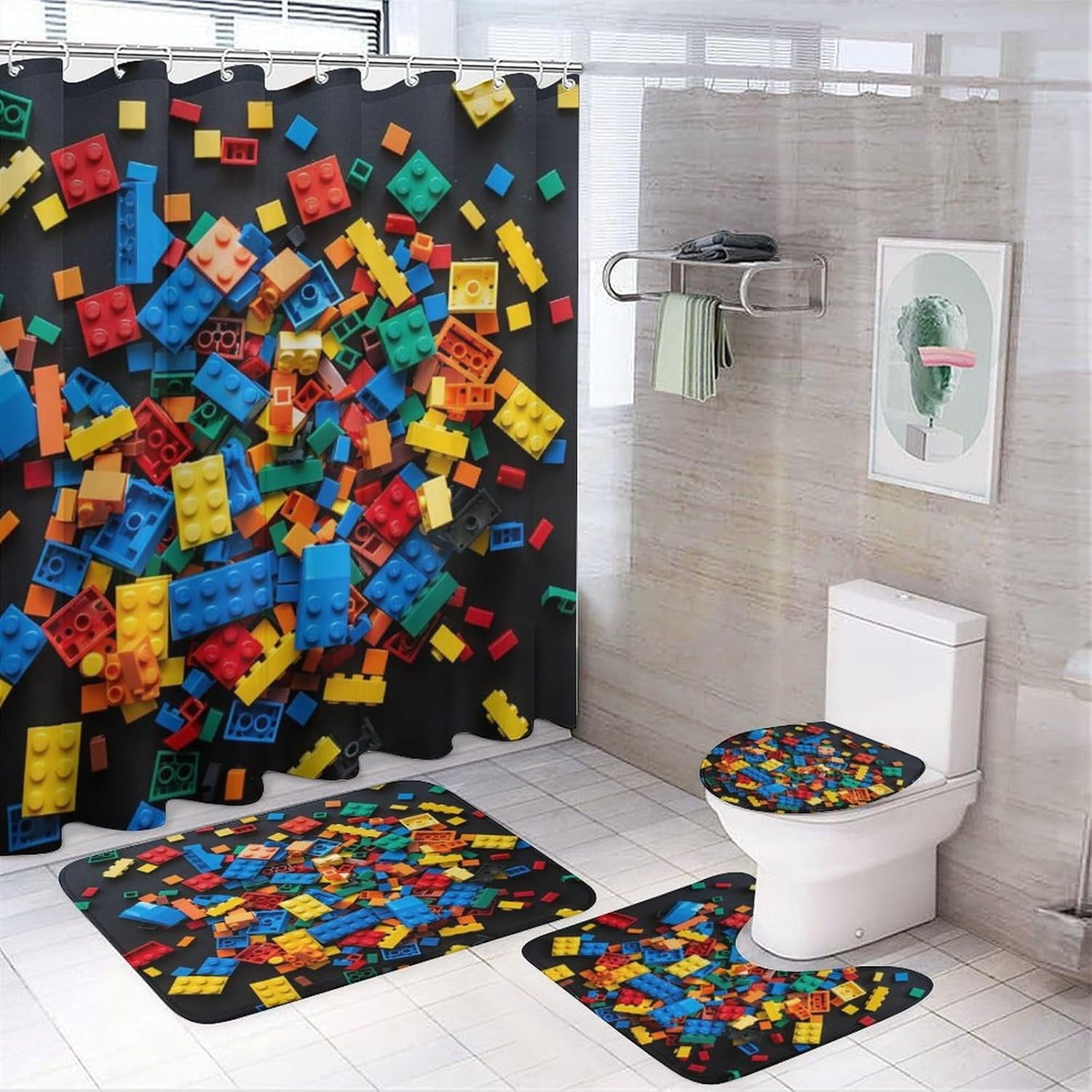 4Pcs Colorful Building Block Brick Shower Curtain Sets with Rugs, Toilet Lid Cover and Bath Mat, Geometric Bathroom Shower Curtains Set with 12 Hooks