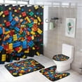 thumbnail image 1 of 4Pcs Colorful Building Block Brick Shower Curtain Sets with Rugs, Toilet Lid Cover and Bath Mat, Geometric Bathroom Shower Curtains Set with 12 Hooks, 1 of 8