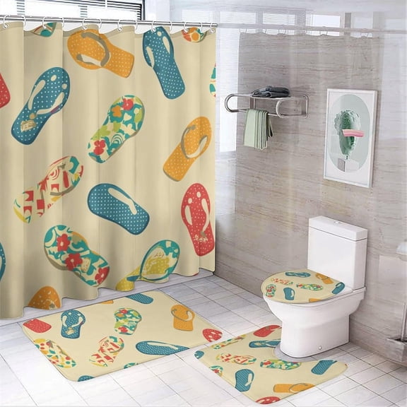 4Pcs Colorful Flip Flop Theme Shower Curtain Sets, 4pcs Abstract Beach Slipper Shower Curtains for Bathroom with Rugs, Toilet Lid Cover, Bath Mat, 72" x 72"