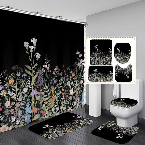4Pcs Colorful Floral Shower Curtain Sets Black and White Striped Bathroom Sets Green Leaves Bathroom Shower Curtain Set with Rugs and Accessories