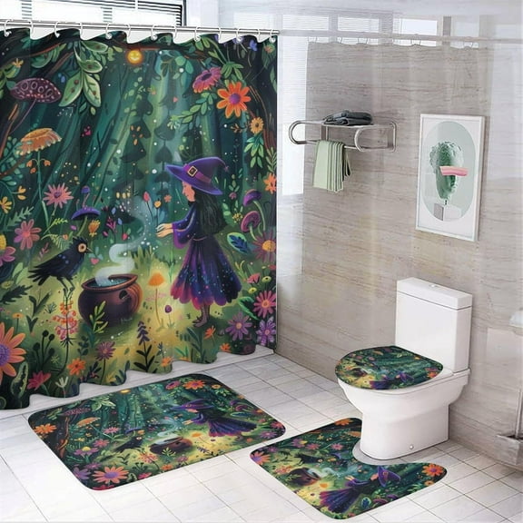 4Pcs Colorful Flower Cartoon Witch Shower Curtain Sets Bathroom Decor, Fantasy Forest Halloween Crow Shower Curtain with Non Slip Rug, Toilet Lid Cover, Bath Mat and 12 Hooks 72W x 72L