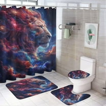 4Pcs Colorful Galaxy Lion Shower Curtain Sets Bathroom Decor, Fantasy Star Outer Space Animal Shower Curtain with Non Slip Rug, Toilet Lid Cover, Bath Mat and 12 Hooks 72W x 72L