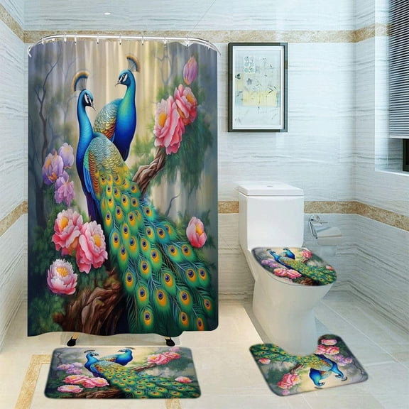4Pcs Colorful Owl Shower Curtain Sets with Rugs Fantasy Forest Night Fairy Tale Forest Wildlife Bathroom Accessories Set Bath Rugs 18x30 and Shower Curtain 70X70 Inch(U Shape,Toilet Lid Cover Mat)