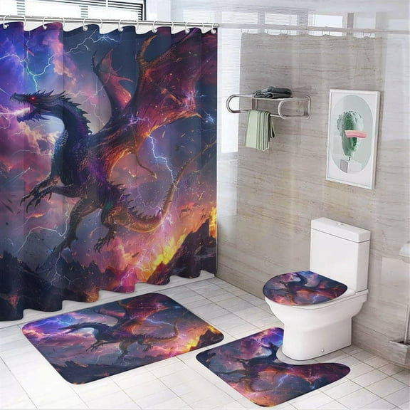 4Pcs Colorful Sky Dragon Shower Curtain Set with Toilet Lid Cover Non-Slip Rugs for Bathroom, Fantasy Tree Star Galaxy Animal Shower Curtain Bathroom Sets with Hooks, 72x72 Inch