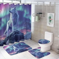 4Pcs Colorful Snow Mountain Wolf Shower Curtain Sets Bathroom Decor, Fantasy Winter Forest Animal Shower Curtain with Non Slip Rug, Toilet Lid Cover, Bath Mat and 12 Hooks 72W x 72L