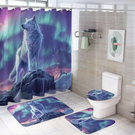 4Pcs Colorful Snow Mountain Wolf Shower Curtain Sets Bathroom Decor, Fantasy Winter Forest Animal Shower Curtain with Non Slip Rug, Toilet Lid Cover, Bath Mat and 12 Hooks 72W x 72L