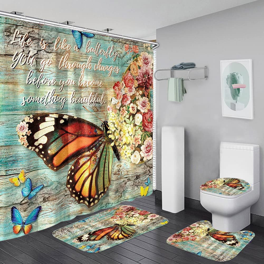 4Pcs Colorful Word Letters Print Carpet Doormats Shower Curtain and