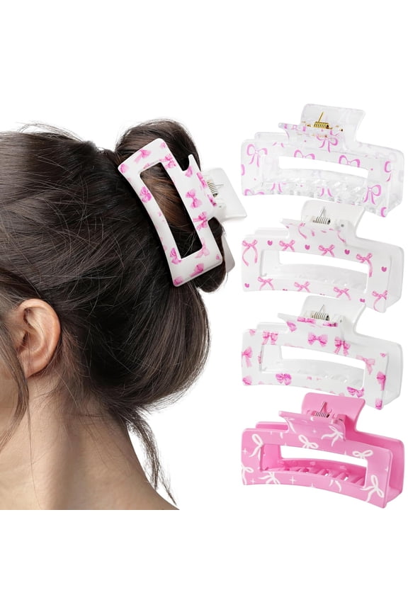 4Pcs Coquette Pink Bow Hair Claw Clips for Women Girls - Cute Bow Preppy Trendy Rectangle Nonslip Banana Hair Clips, Thin Thick Short Long Curly Accessories, Birthday Bachelorette Wedding Gift