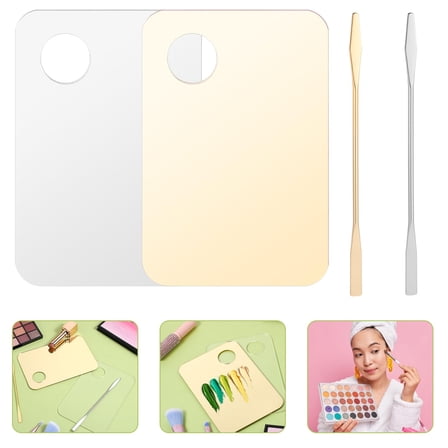 4Pcs Cosmetic Makeup Palette with Spatula, Nail Art Palette, DIY Makeup Mixing Palette, Beauty Salon Color Cream Mixing Palette for Beauty and Personal Care, Gold&Clear