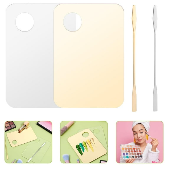 4Pcs Cosmetic Makeup Palette with Spatula, Nail Art Palette, DIY Makeup Mixing Palette, Beauty Salon Color Cream Mixing Palette for Beauty and Personal Care, Gold&Clear