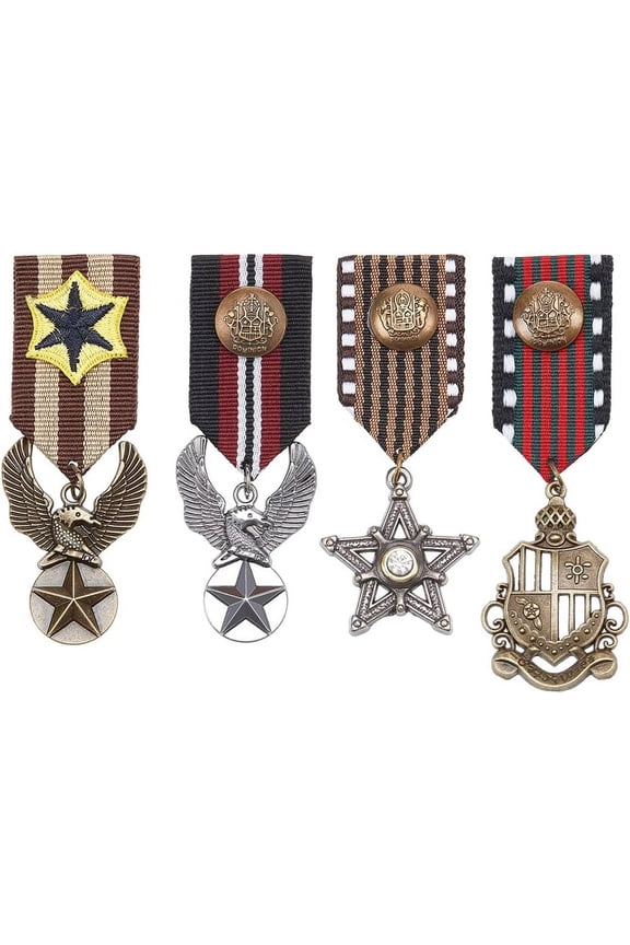 4Pcs Costume Military Badge Medal 4 Style Alloy Medal Brooch Pin Military Hero Combat Medals Brooch Shield Eagle and Star Navy Military Badge for Women Men Coat Jacket Uniform Costume DIY