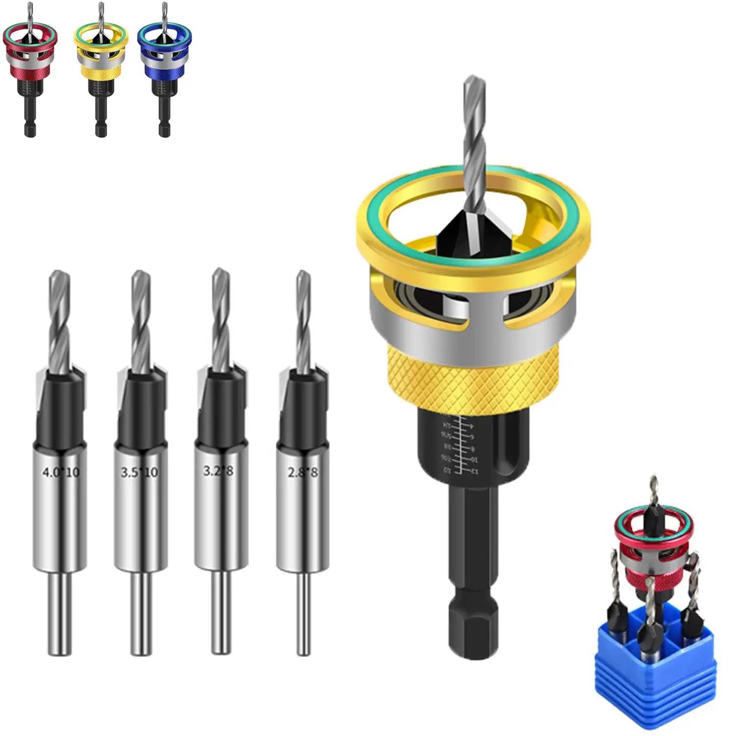 4Pcs Countersink Drill Bit Set with Adjustable Depth Stop, High Speed Steel Tapered Four-Flute Counterbore Bits for Woodworking Cabinetry DIY, Yellow Aluminum Collar(xww)