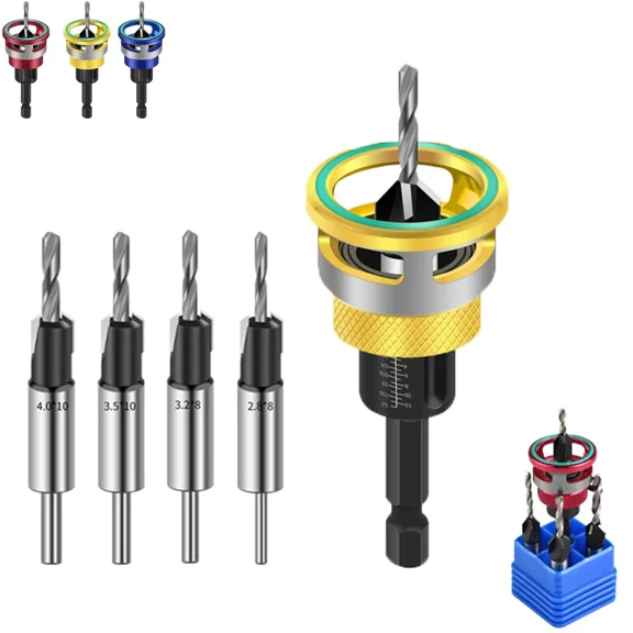 4Pcs Countersink Drill Bit Set with Adjustable Depth Stop, High Speed Steel Tapered Four-Flute Counterbore Bits for Woodworking Cabinetry DIY, Yellow Aluminum Collar(xww)