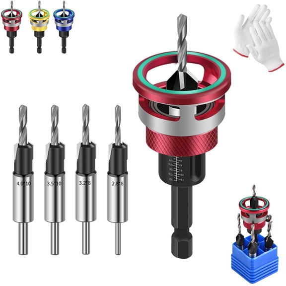 4Pcs Countersink Drill Bits Set with Adjustable Depth Stop Collar, Red M2 HSS Woodworking Tapered Hole Cutter for Cabinetry DIY Tools (K)