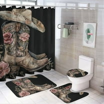 4Pcs Cowboy Hat Shower Curtain Set with Rugs, Toilet Lid Cover and Bath Mat, Rustic Farmhouse Flower Vintage Boot Shoe Bathroom Curtains Decor Shower Curtains, 72" x 72"