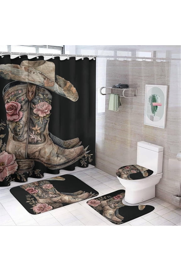 4Pcs Cowboy Hat Shower Curtain Set with Rugs, Toilet Lid Cover and Bath Mat, Rustic Farmhouse Flower Vintage Boot Shoe Bathroom Curtains Decor Shower Curtains, 72" x 72"