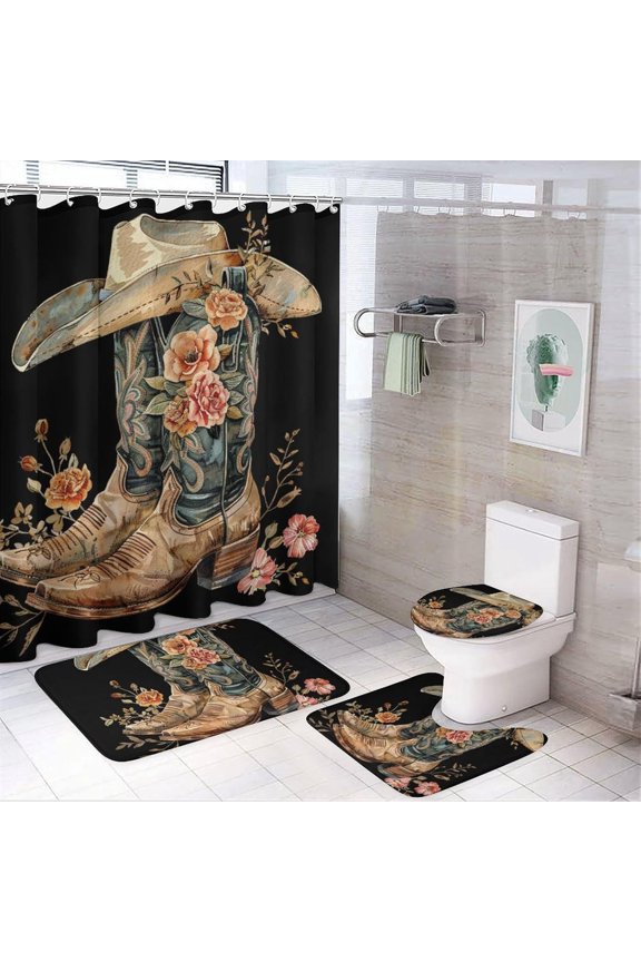 4Pcs Cowboy Hat Shower Curtain Set with Rugs, Toilet Lid Cover and Bath Mat, Rustic Farmhouse Flower Vintage Boot Shoe Bathroom Curtains Decor Shower Curtains, 72" x 72"