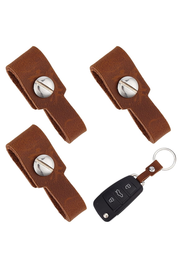 4Pcs Cowhide Leather Keychain with Screw Rectangle Platinum Saddle Brown 78x13x2mm for DIY