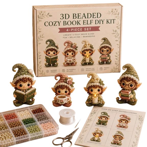 4Pcs Cozy Book Elf 3D Beaded DIY Craft Kit Complete Beading Tools With Step Instructions For Handmade Desktop Decor Figurines(Kit B-23x23cm)