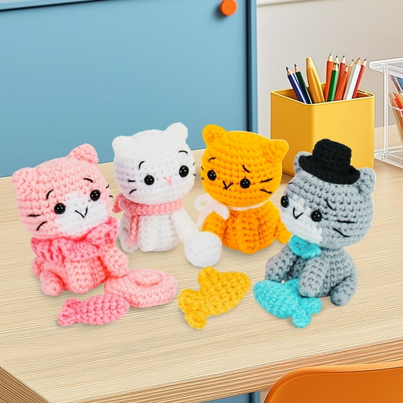 4Pcs Crochet Kit for Beginners DIY Knitting Craft Kit Fun Cat Crochet Set Cute Crocheting Cat with Accessories and Tutorial for Adults and Kids