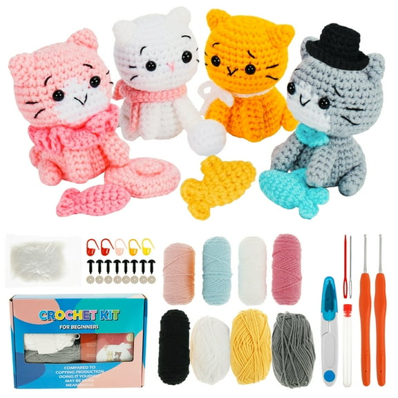 4Pcs Crochet Kit for Beginners DIY Knitting Craft Kit Fun Cat Crochet Set Cute Crocheting Cat with Accessories and Tutorial for Adults and Kids