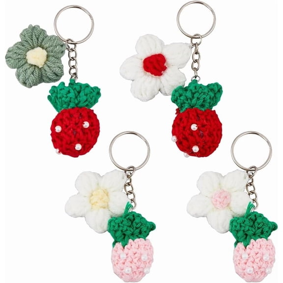 4Pcs Crochet Strawberry Keychains Handmade Weaving Strawberry Flower Keychains Crochet Plush Keychain With Iron Rings Cute Hanging Charm Keyrings