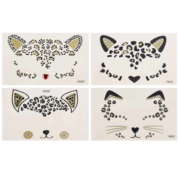 4Pcs Crystal Cat Face Jewel Stickers, Acrylic Rhinestone Makeup Decals, 3.15x5.12inch