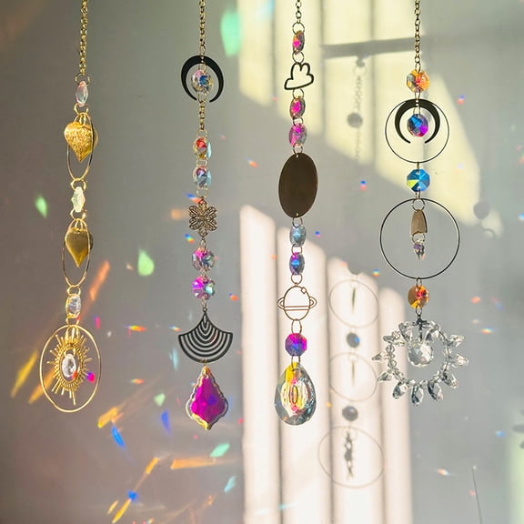 4Pcs Crystal Light Catchers, Clear Iron Window Hanging Light Catchers with Chain, Decorative Rainbows Maker for Home, Garden and Party Decor, Positive Energy Gift Idea