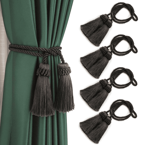 4Pcs Curtain Tiebacks Handmade Decorative Curtain Holdbacks Rope with Tassel (Charcoal)