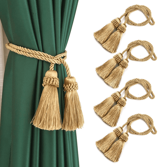 4Pcs Curtain Tiebacks Tassel Rope Holdbacks Handmade Home Decorative Hangings (Gold)