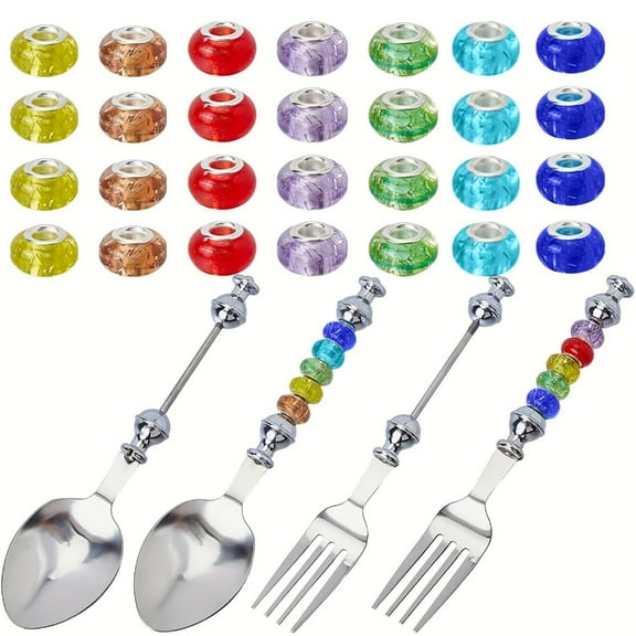 4Pcs Customizable Stainless Steel Spoons and Forks Set with 28 Plastic Beads Beadable Tableware Beaded Cutlery Kits