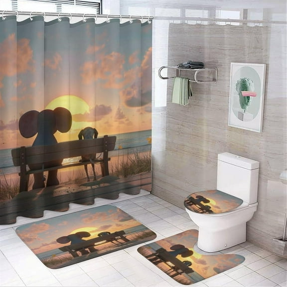 4Pcs Cute Cat Elephant Coastal Shower Curtain Sets, Bathroom Decor Set with Rugs, Bath Mat Dusk Nature Sea Animal Shower Curtain, 72 X 72 Inch
