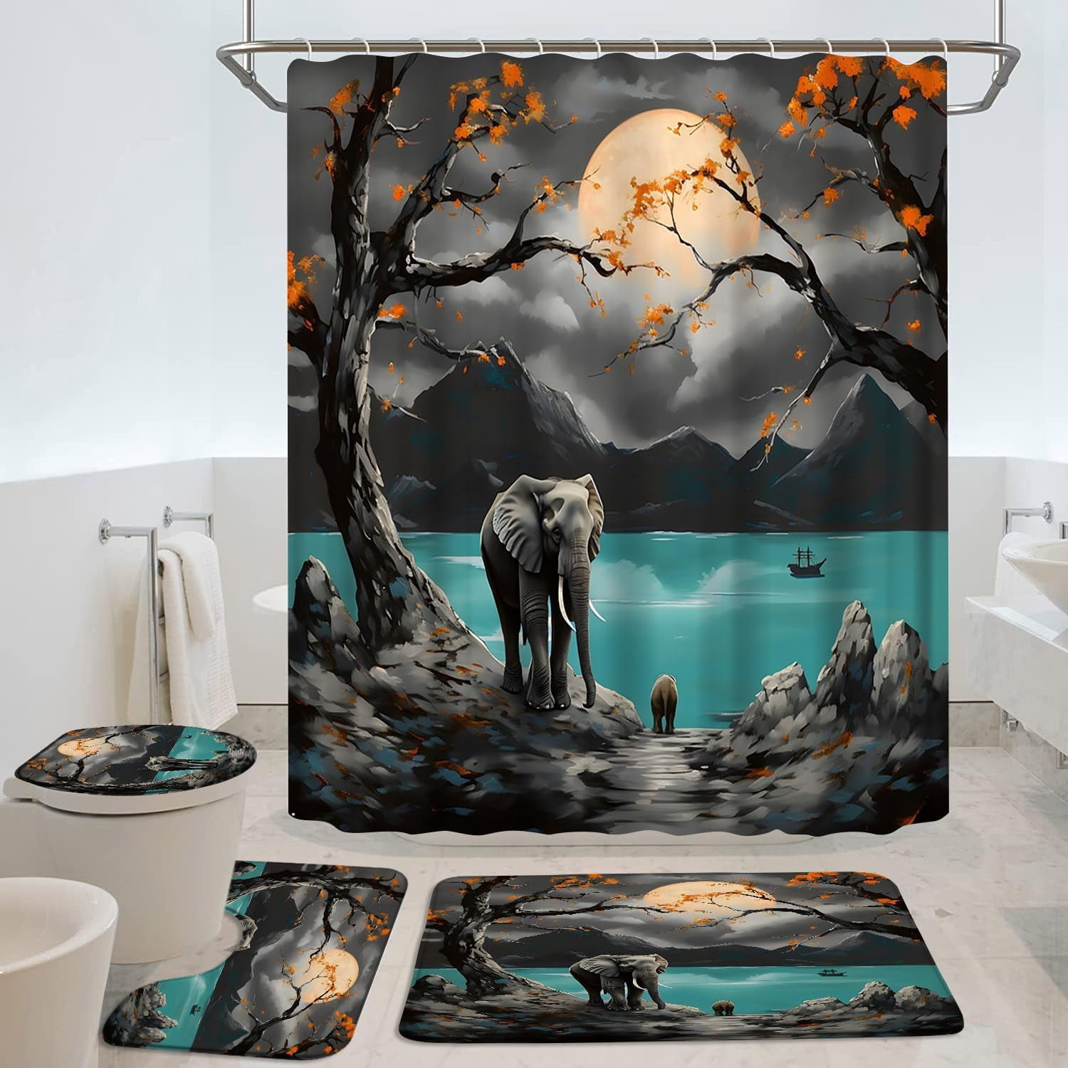 4Pcs Cute Elephant Shower Curtain Sets with Bath Rug U Shape Mat and Toilet Lid Cover Grey Animal Butterfly Funny Wildlife Modern Kids Bathroom Decor Curtains Set with 12 Hooks