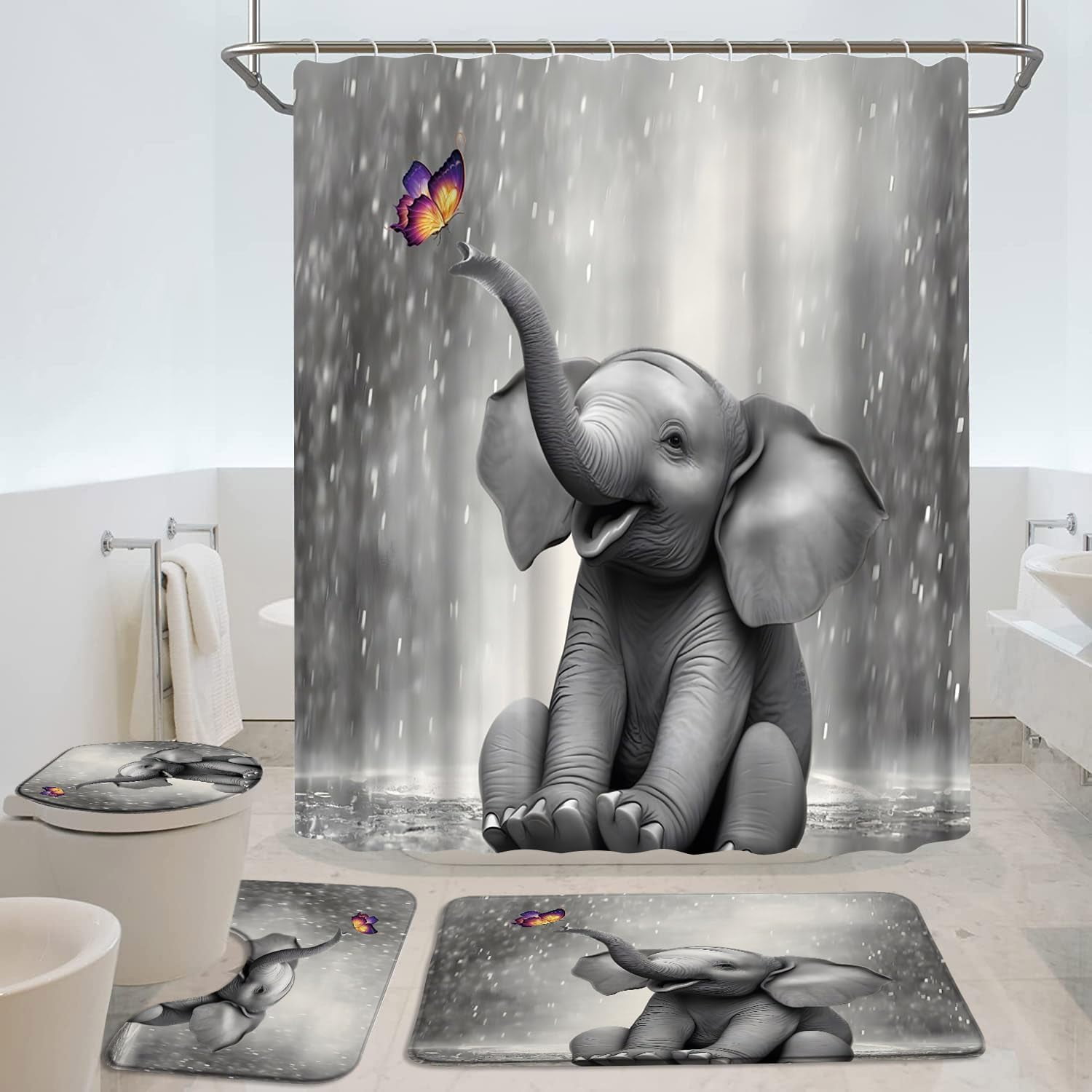 4Pcs Cute Elephant Shower Curtain Sets with Bath Rug U Shape Mat and Toilet Lid Cover Grey Animal Butterfly Funny Wildlife Modern Kids Bathroom Decor Curtains Set with 12 Hooks