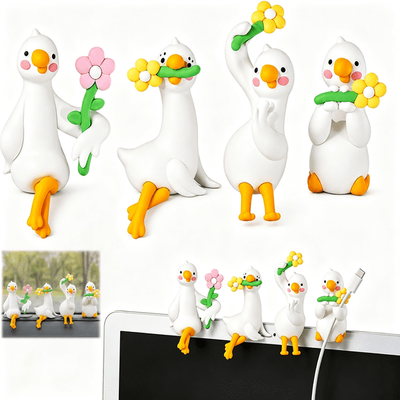4Pcs Cute Lazy Duck Computer Decorations with Detachable Flowers,Accessories for Office, TV, Photo Frame, Car Dashboard