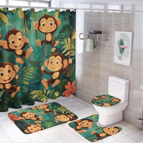 4Pcs Cute Monkey Animal Shower Curtain Set with Rugs, Toilet Lid Cover and Bath Mat, Tropical Floral Tree Forest Bathroom Curtains Decor Shower Curtains, 72" x 72"