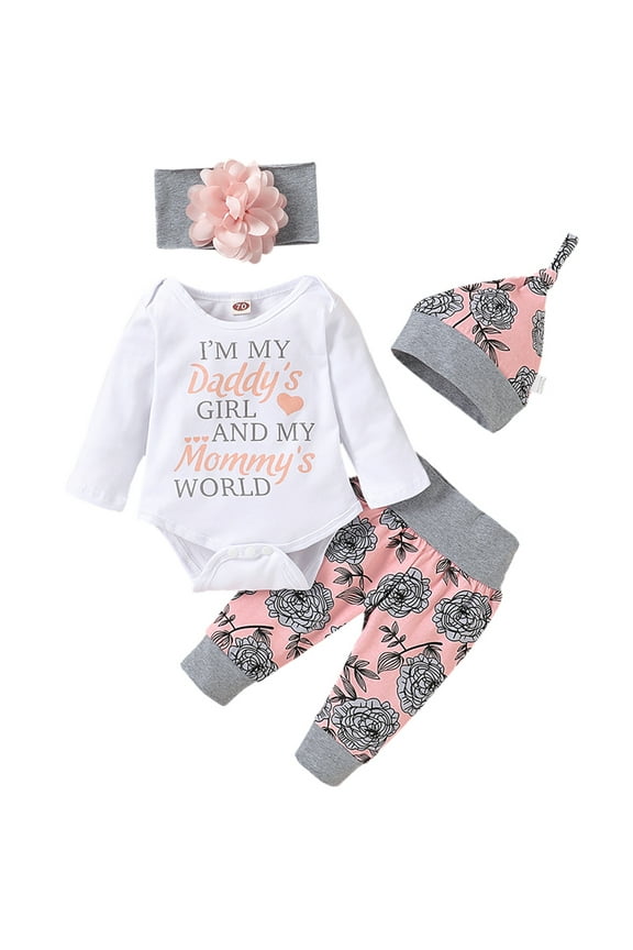 4Pcs Cute Newborn Baby Girl Clothes, White Infant Girl Going Home Outfit, Little Sister Newborn Outfit Floral Hoodie T-Shirt Top + Pants Outfits Set