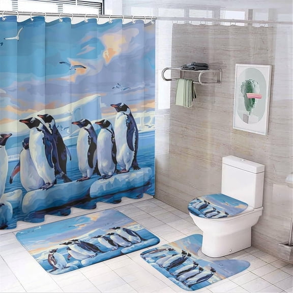 4Pcs Cute Penguin Shower Curtain Sets Bathroom Decor, Iceberg Ocean Animal Ice Sea Shower Curtain with Non Slip Rug, Toilet Lid Cover, Bath Mat and 12 Hooks 72W x 72L