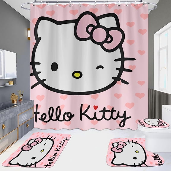 4Pcs Cute Pink Cartoon Shower Curtain Set with Non-Slip Rugs, Kawaii White Cat Bathroom Decor Set, Waterproof Fabric with Hooks Included