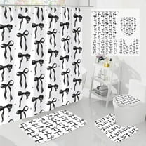 4Pcs Cute Purple Bow Shower Curtain Sets with Rug, Toilet Lid Cover and Bath Mat, Aesthetic Bowknot Shower Curtains for Purple Bathroom Decor, Modern Minimalist White Waterproof Bathroom Set