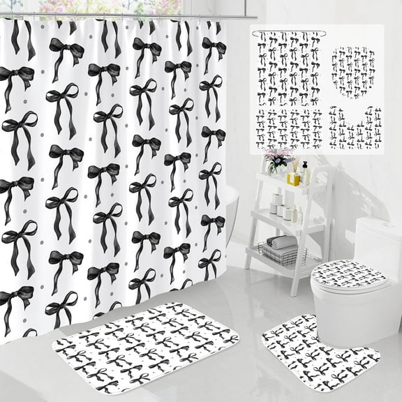 4Pcs Cute Purple Bow Shower Curtain Sets with Rug, Toilet Lid Cover and Bath Mat, Aesthetic Bowknot Shower Curtains for Purple Bathroom Decor, Modern Minimalist White Waterproof Bathroom Set