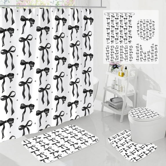 4Pcs Cute Purple Bow Shower Curtain Sets with Rug, Toilet Lid Cover and Bath Mat, Aesthetic Bowknot Shower Curtains for Purple Bathroom Decor, Modern Minimalist White Waterproof Bathroom Set