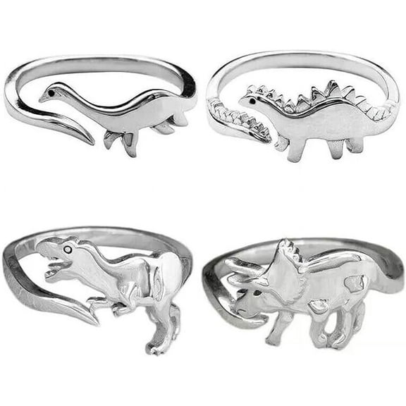 4Pcs Cute Rings, Adjustable Rings, High-Quality Alloy Hypoallergenic Exquisite Elegant Temperament Dinosaur Rings Fits Almost All Sizes of Hands and is Comfortable to Wear, Silver