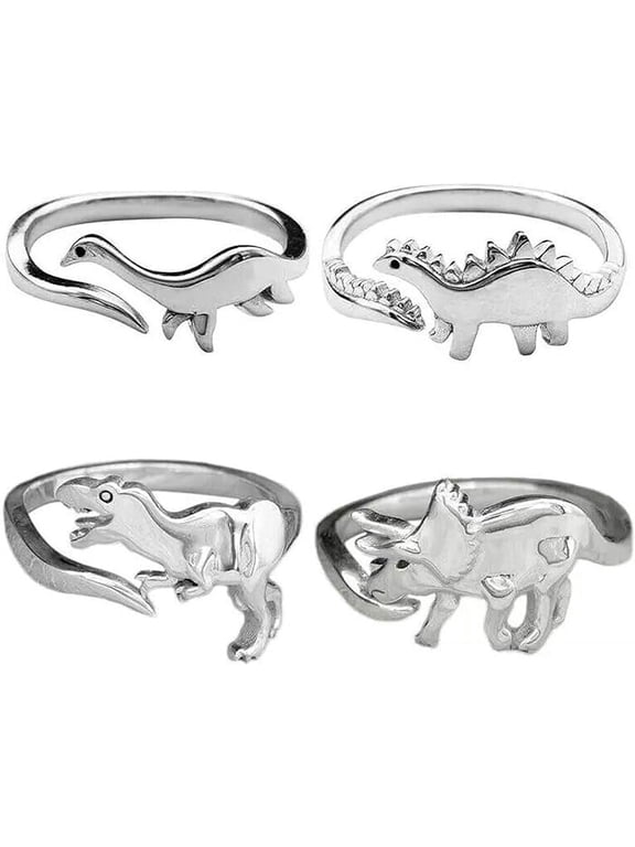 4Pcs Cute Rings, Adjustable Rings, High-Quality Alloy Hypoallergenic Exquisite Elegant Temperament Dinosaur Rings Fits Almost All Sizes of Hands and is Comfortable to Wear, Silver