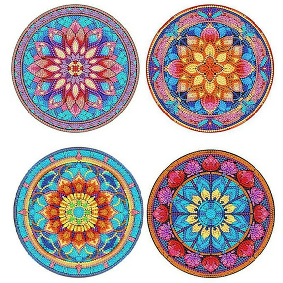 4Pcs DIY Diamond Art Painting Placemat Round Non-Slip Acrylic Table Mats for Table Decor A4 x DIY Diamond Art Painting Placemat Kit With Tool