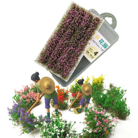 4Pcs DIY Miniature Flower Strips Multicolor Flower Cluster Static Grass Tufts for Train Landscape Railroad Scenery Sand Military Layout Model, 4.25x2.28 in, Purple