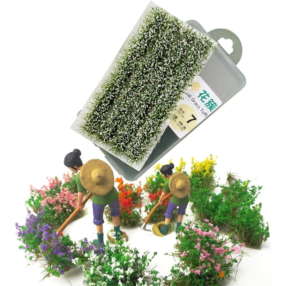 4Pcs DIY Miniature Flower Strips Multicolor Flower Cluster Static Grass Tufts for Train Landscape Railroad Scenery Sand Military Layout Model, 4.25x2.28 in, White
