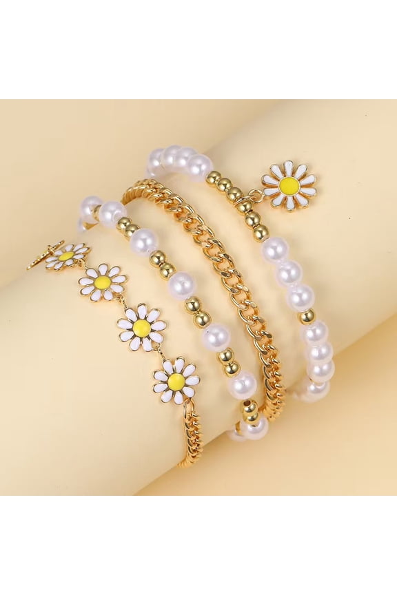 4Pcs Daisy Flower Pearl Bracelet Set - Dainty Gold Beaded Stackable Bracelets for Women